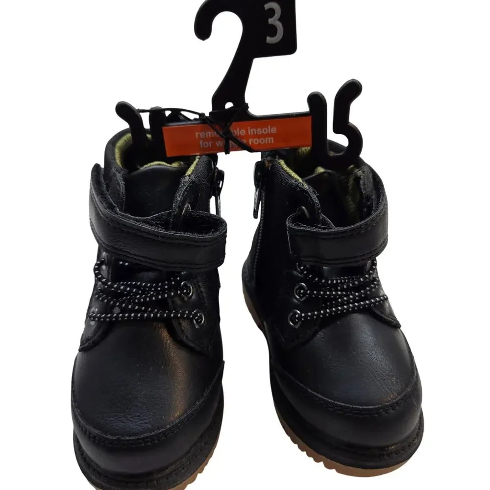 NWT Wonder Pation Boys 3 Black Boot Removable Insole Velcro Shoe kids Child Baby